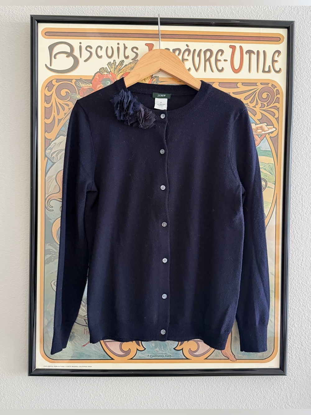 J. Crew Navy Merino Crewneck Cardigan with Floral Chiffon Accent - XS